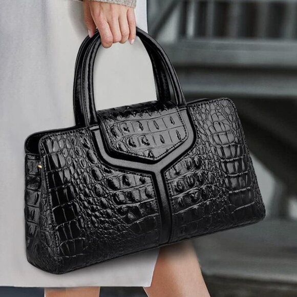 🆕Women's Black Handle Purse Crocodile Faux Leather Tote Zipper Shoulder Bag - Picture 2 of 7